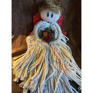 Vintage Christmas Angel Mop Doll Cloth Yarn Cottage Primitive Grannycore 27"